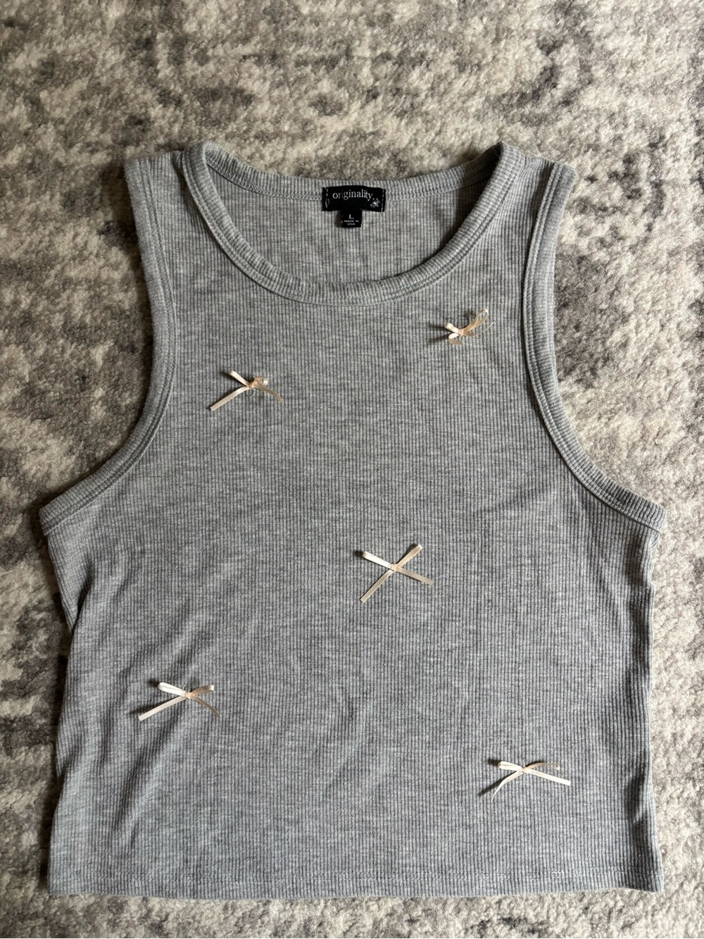 Gray Ribbed Tank Top with light pink Bow Trim